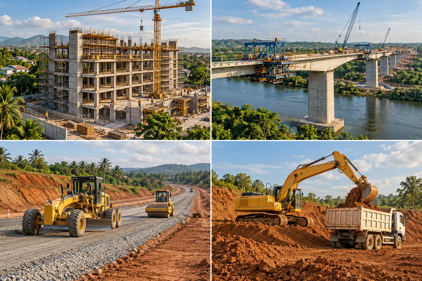 A single collage showing building construction, a bridge, road paving and earthworks